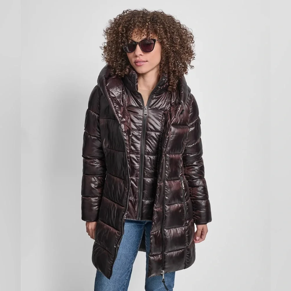 ❄️ DKNY Metallic burgundy Black Cherry 🍒 Bib Packable Shiny Bomber Jacket Coat - Picture 2 of 7